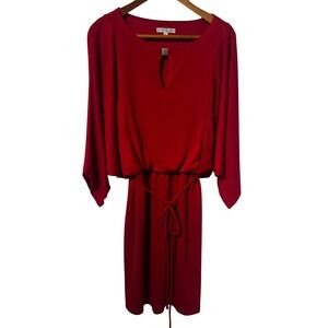 Sandra Darren Red Batwing Sleeve Keyhole Neck Belted Midi Dress Women Size M